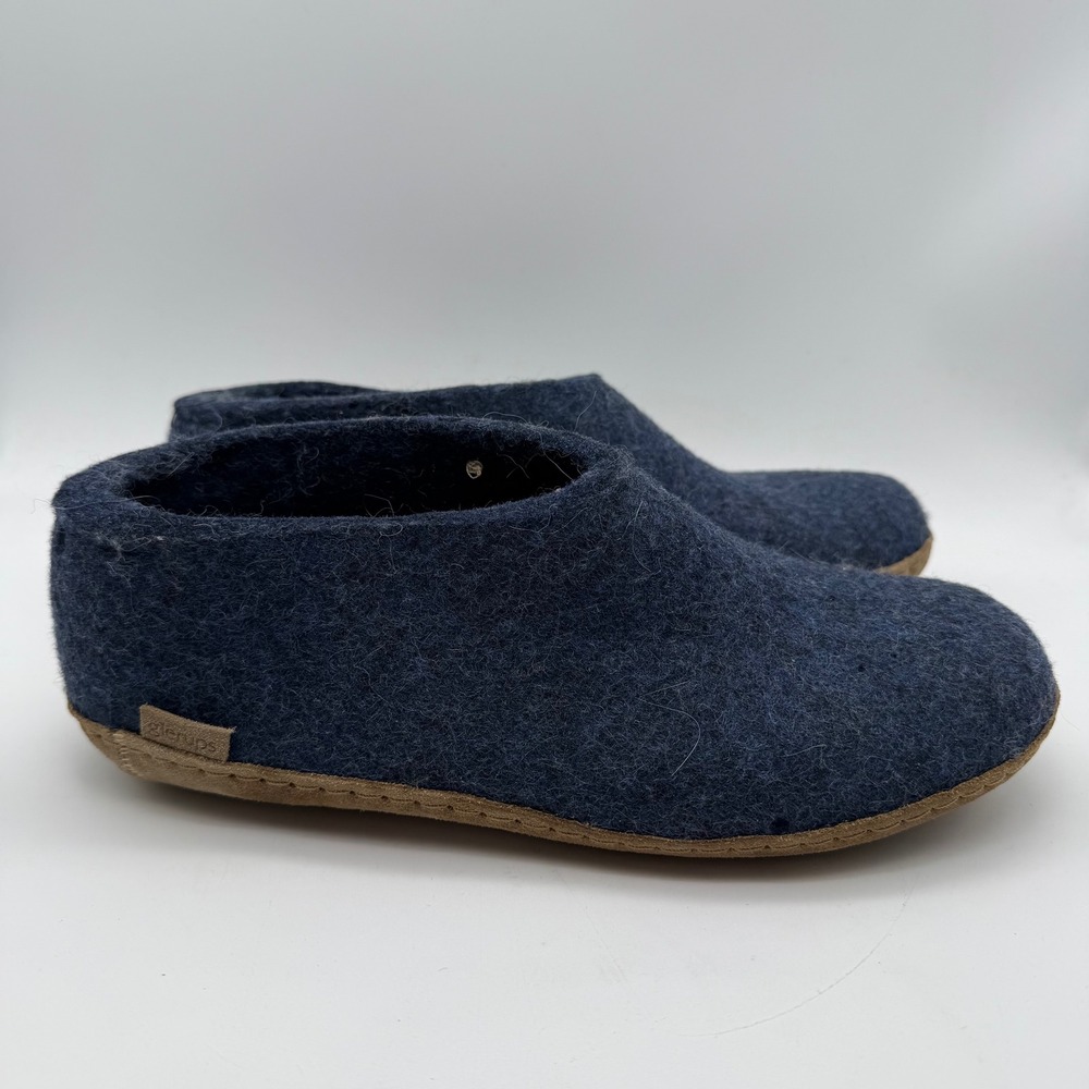 Glerups Model G Denim Blue Felted Wool Shoe Slippers Leather Sole Women 38